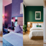 A three-panel interior design collage demonstrating personal bedroom color themes. It contrasts a luxurious royal blue upholstered bed, a vibrant bohemian setup featuring green grid bedding and lush potted plants, and a serene reading nook with an olive green wall illuminated by natural sunlight.