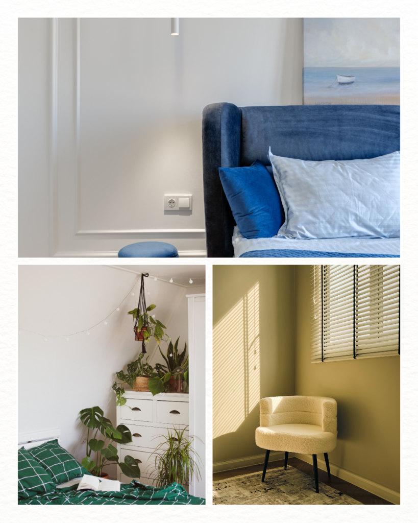 A bedroom collage showcasing a luxurious blue color velvet bed, a bohemian green color and white color plant-filled room, and a sunlit olive green color reading corner. I tried this use all color of rooms. 