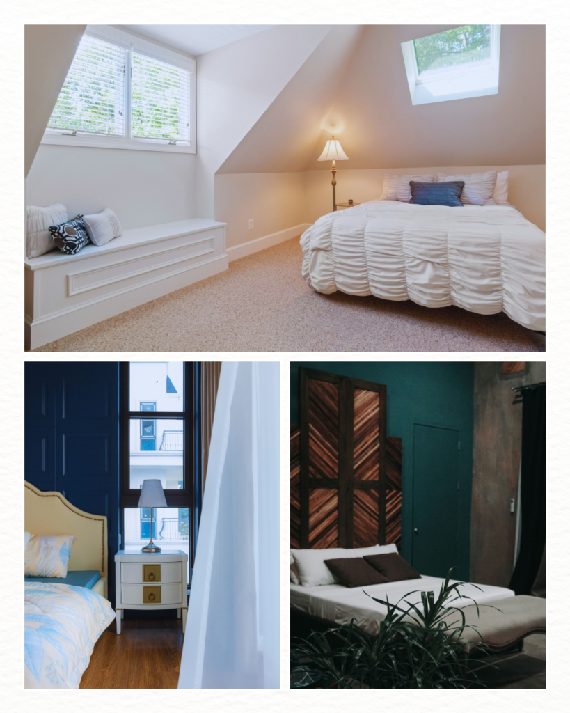 A collage of three bedrooms showcasing different color themes: a bright cream color attic room, a navy blue accent wall bedroom, and a deep teal room with dark wood accents.