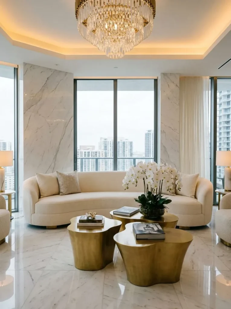 White Marble Living Room with Gold Accents