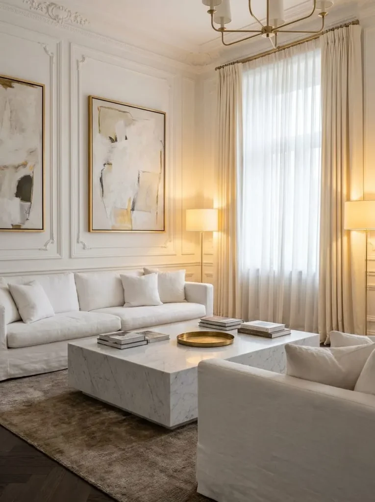 Contemporary White Living Room with Artistic Decor