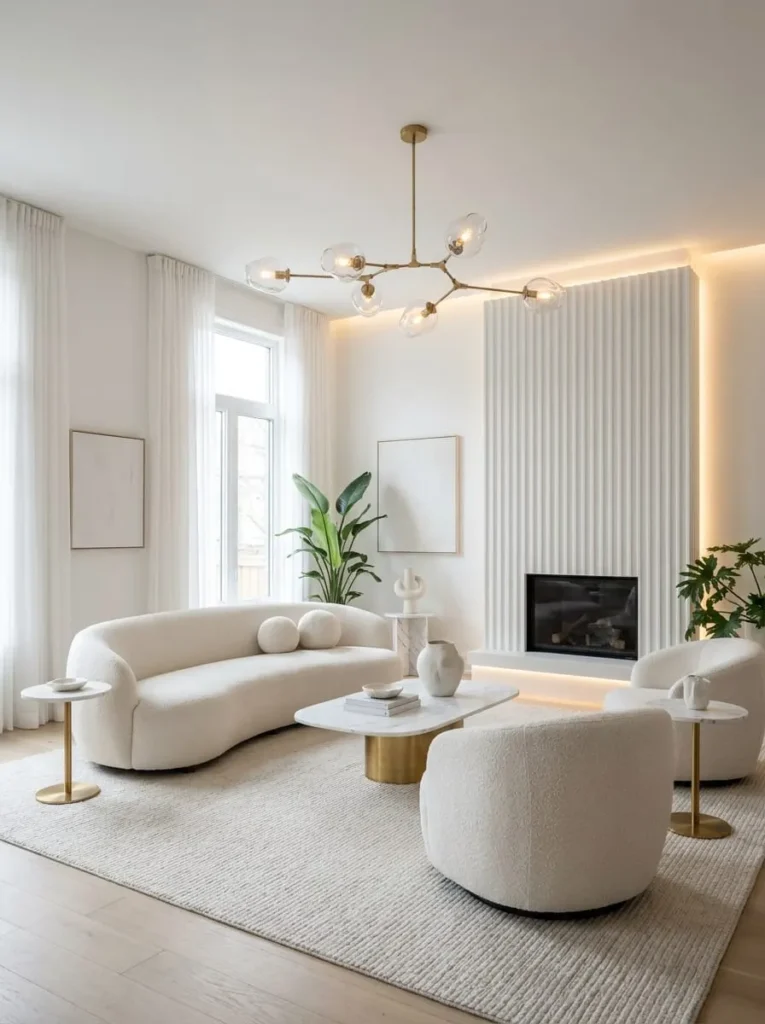 White Living Room with Designer Lighting