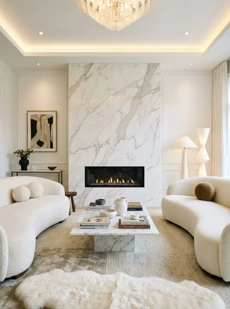 White Living Room with Built-In Fireplace