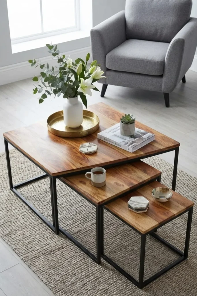 "Modern nesting coffee table set in contemporary living room"
