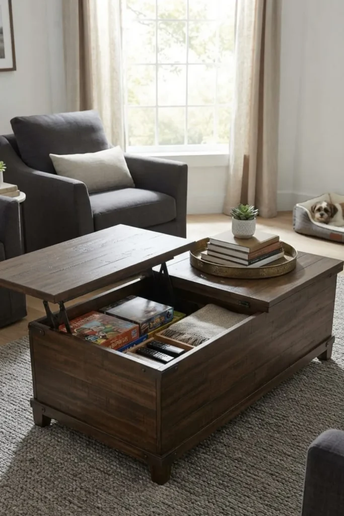 "Functional storage coffee table with lift-top mechanism"