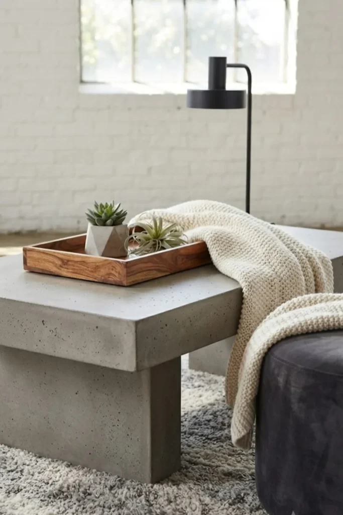 "Industrial concrete coffee table in minimalist interior"