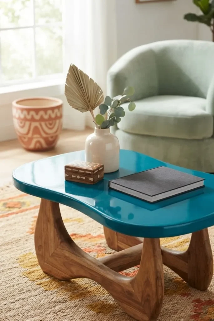 "Vibrant colorful accent coffee table in bohemian room"