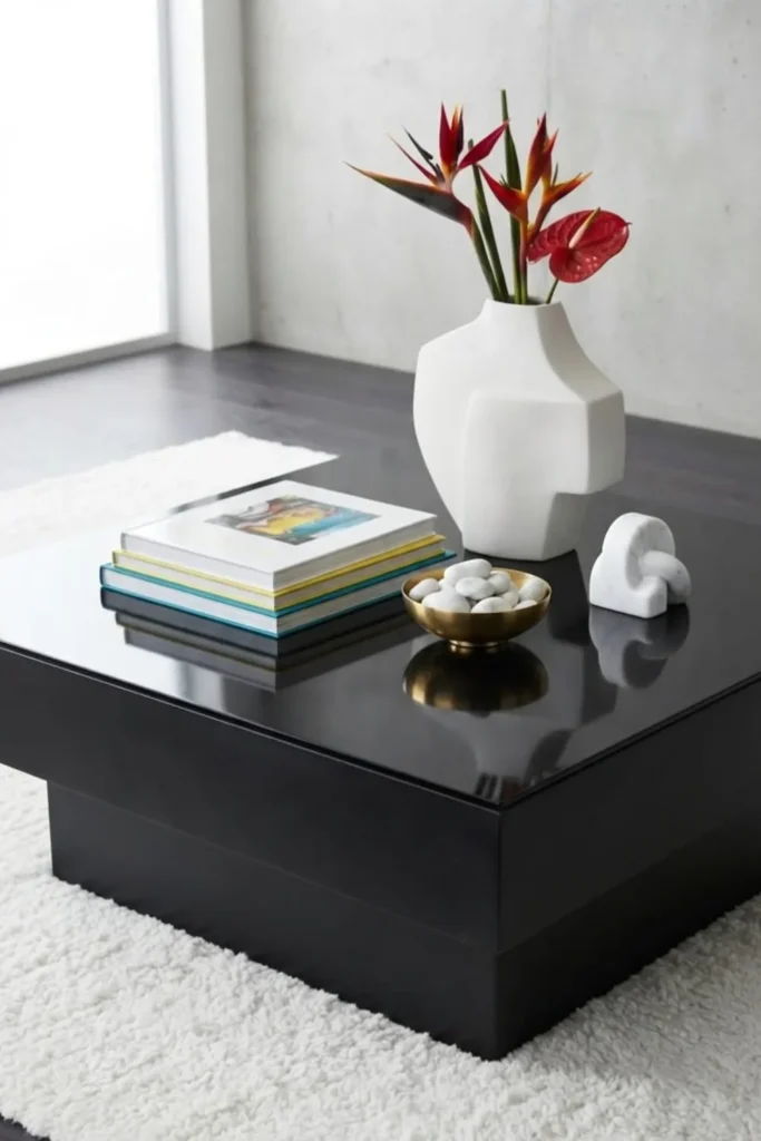 Black modern coffee table style with glass top.
