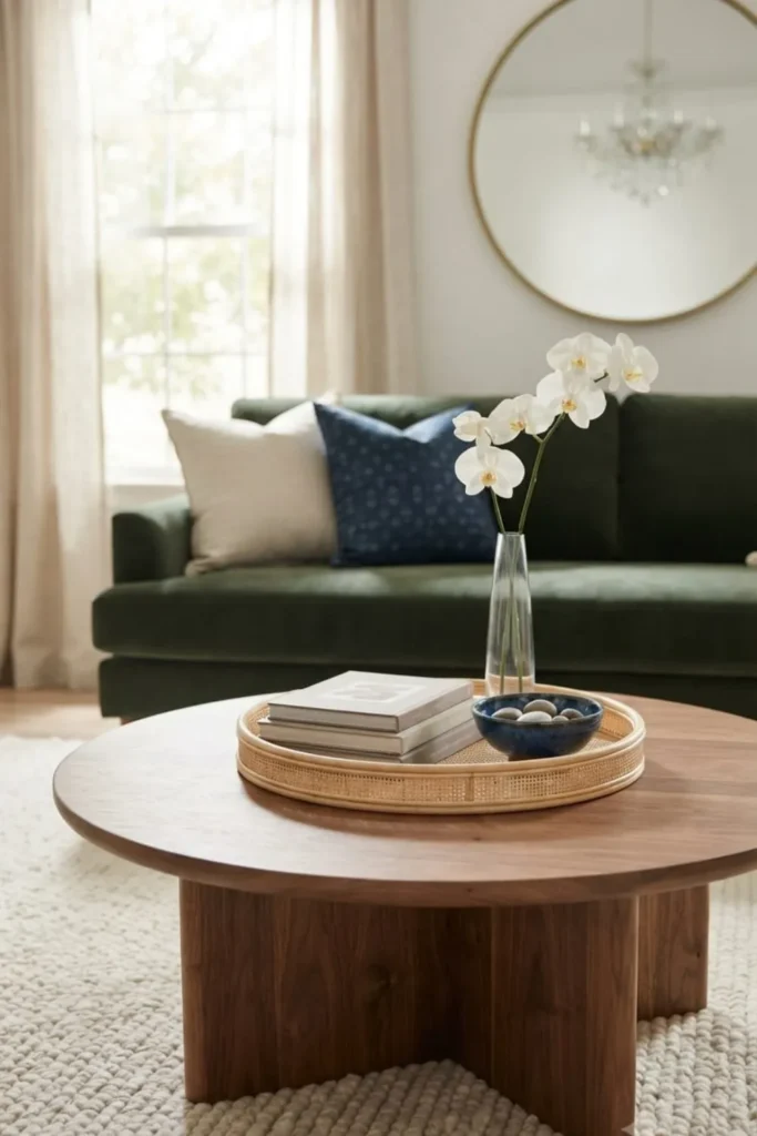  Round wooden coffee table style with a natural finish in a cozy living room.

