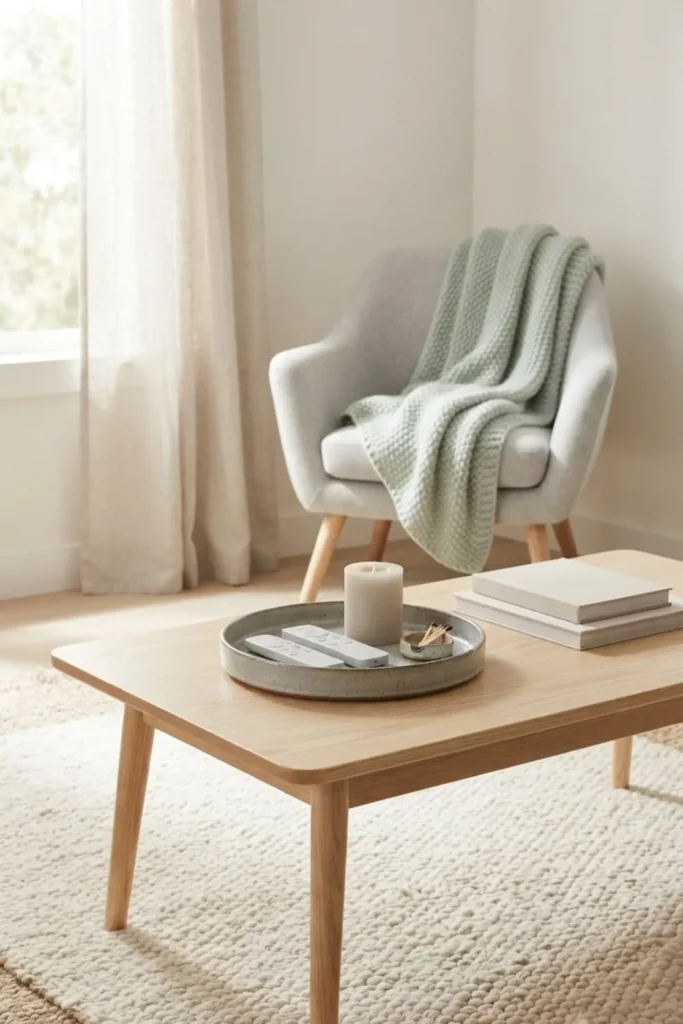 Scandinavian coffee table style with a minimalist design and natural wood finish.