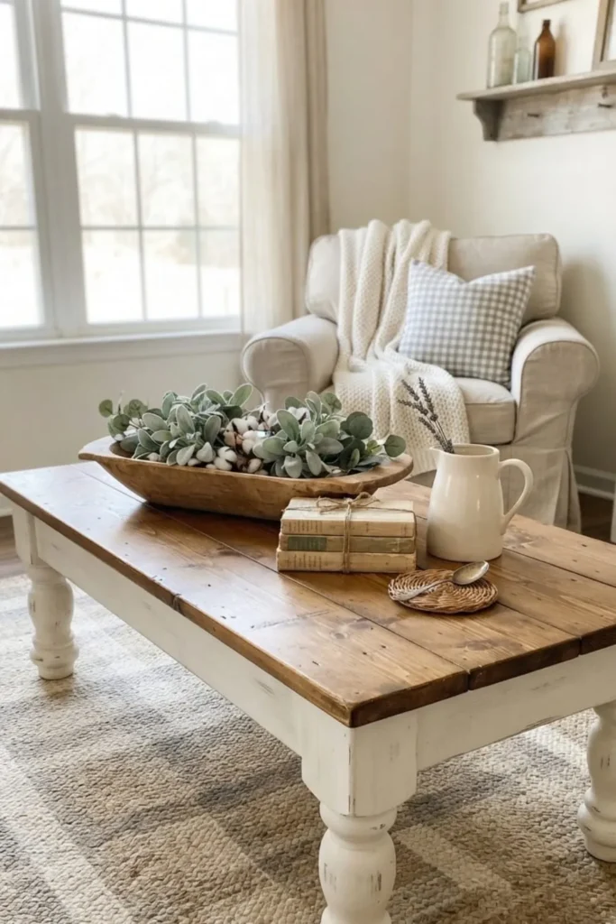 Farmhouse coffee table style with a distressed wood finish and rustic charm.