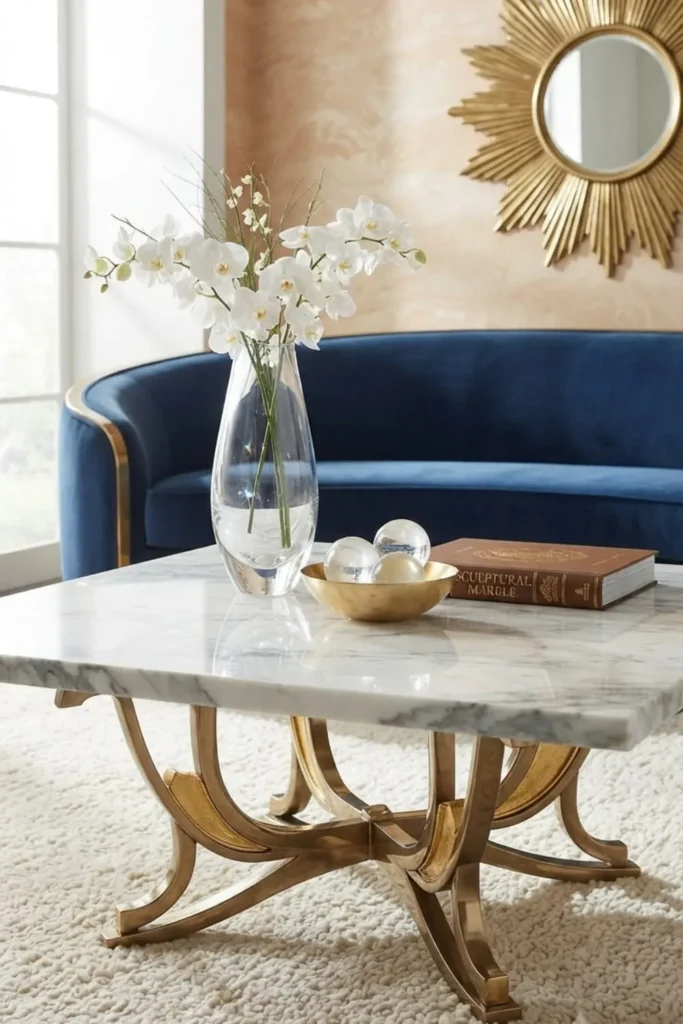 Luxury coffee table style with marble accents in an opulent living room.
