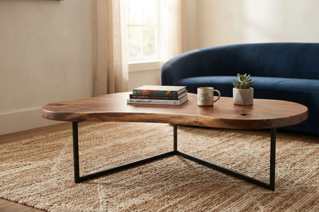 Modern minimalist coffee table style in a bright, airy living room.