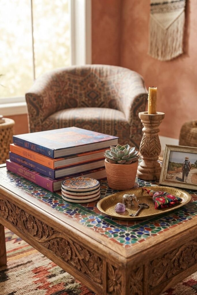 Boho coffee table style with an intricate Moroccan mosaic design.