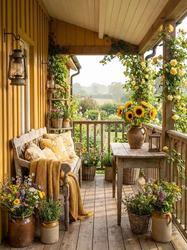Rustic Yellow Farmhouse Balcony