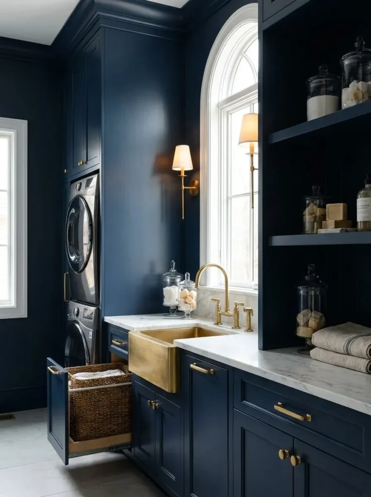 Navy Blue Built-in Storage Laundry Room