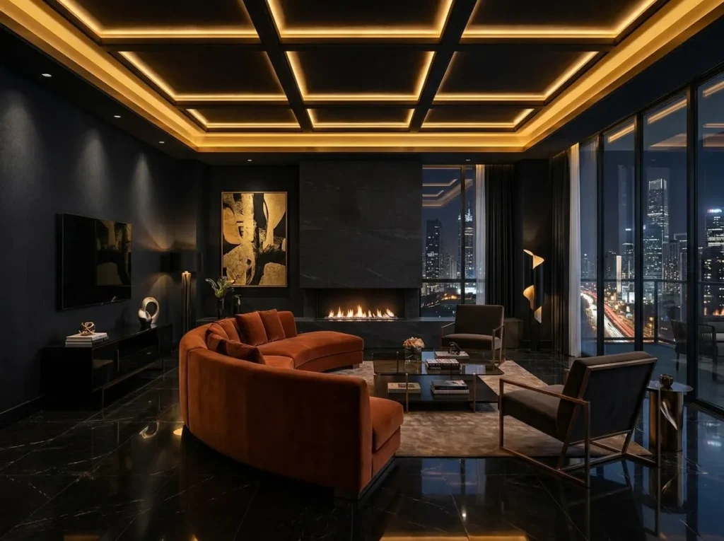 Dark Black and Burnt Orange Luxury Living Room Ideas:15 Ideas to Create a Dramatic Nighttime Sanctuary