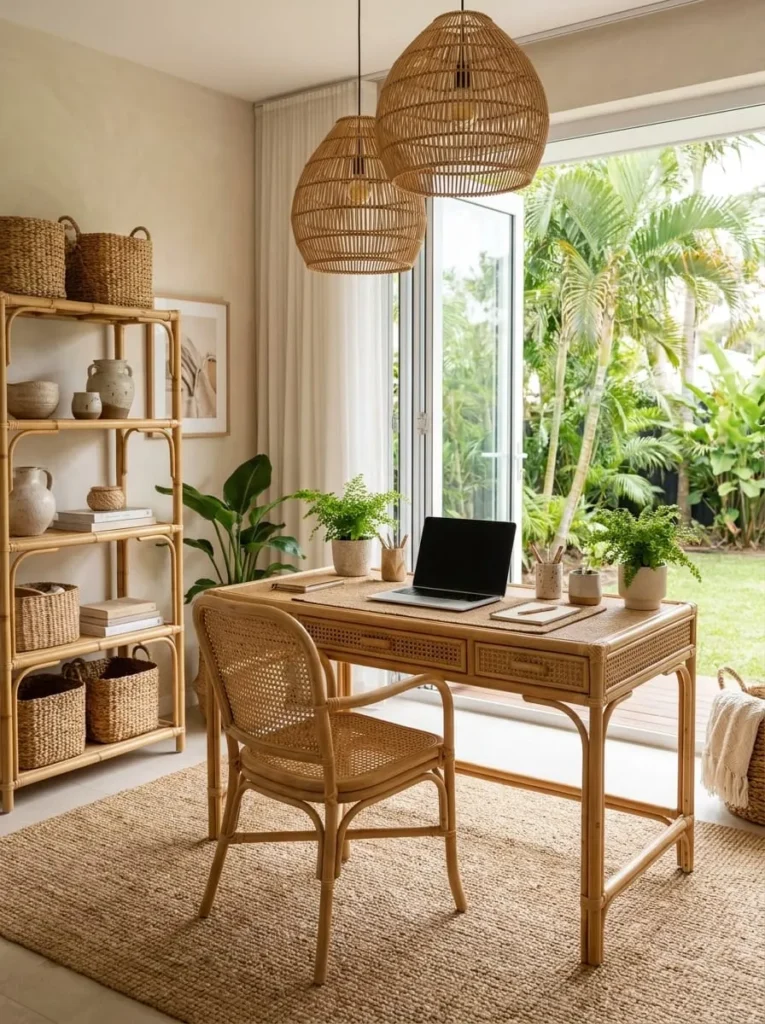 Rattan Desk and Woven Chair Workspace