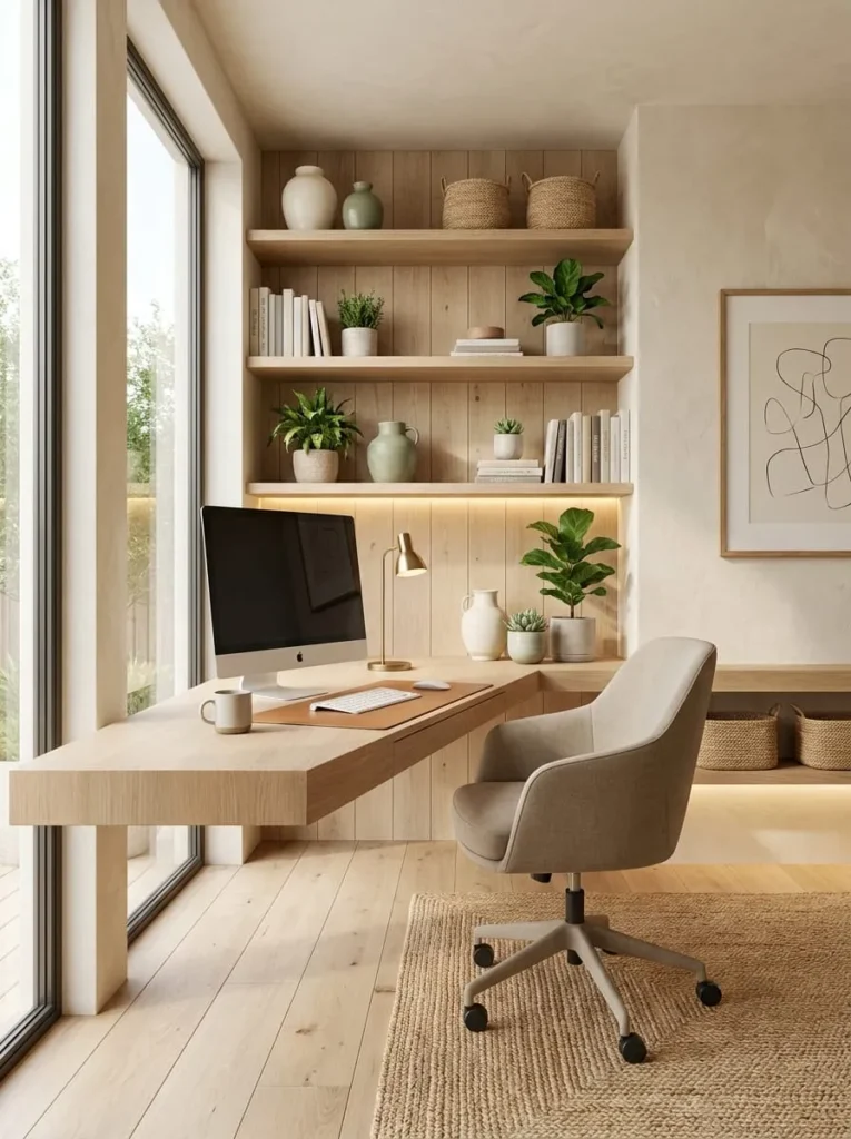 Minimal Boho Office with Open Shelving