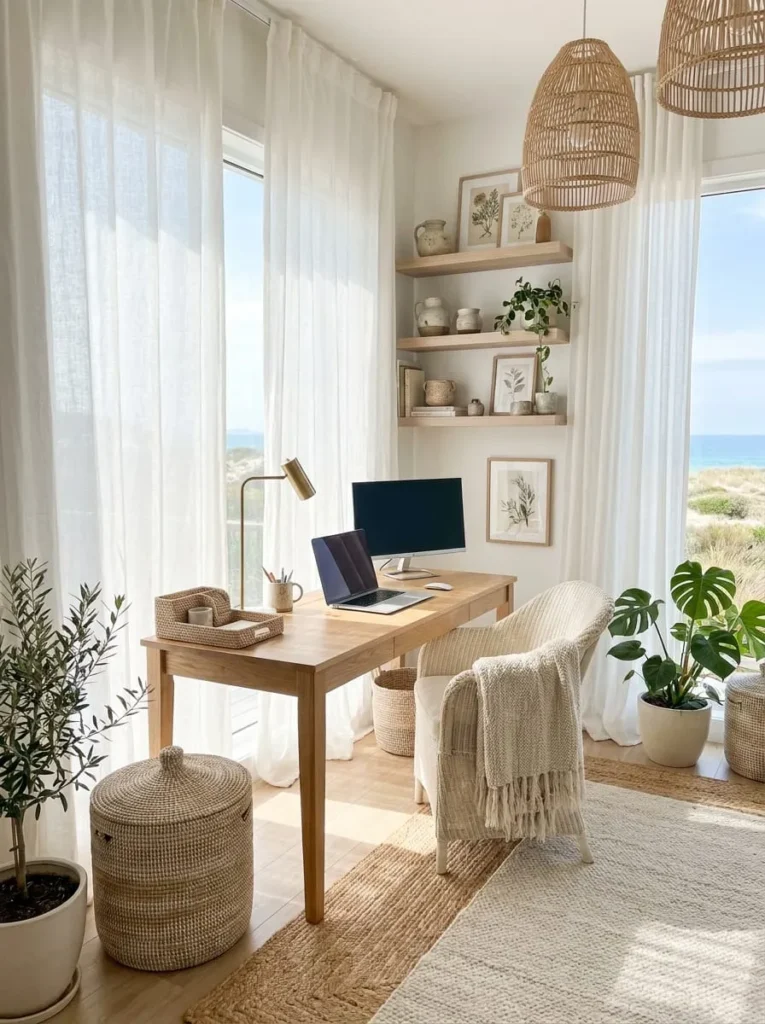  Bright Boho Office with Linen Curtains