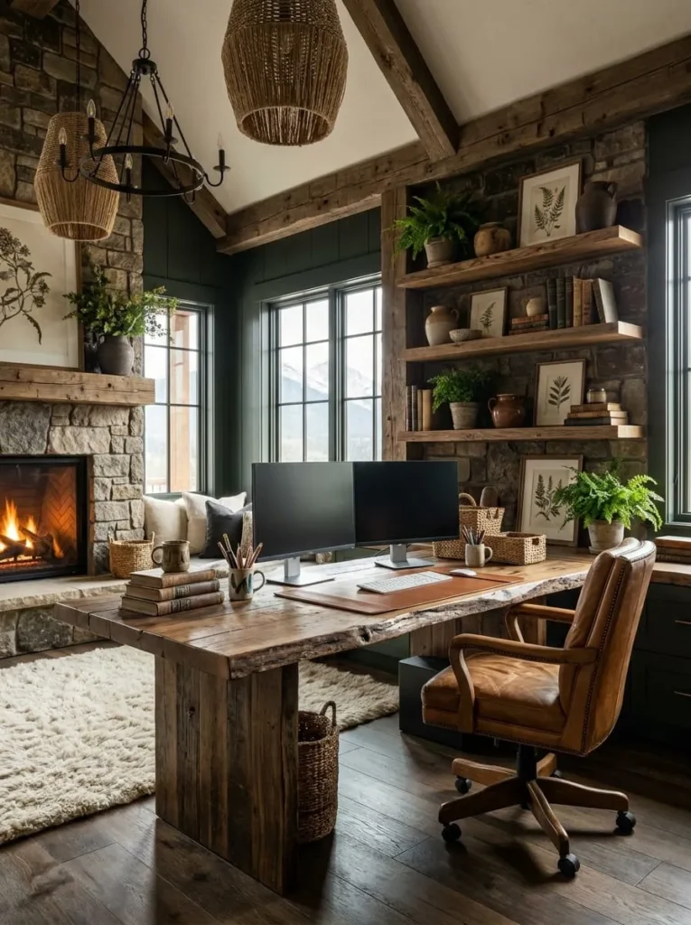 Rustic Boho Office with Floating Wooden Shelves