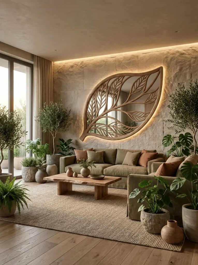 Leaf-Shaped Mirror with Natural Ambient Lighting