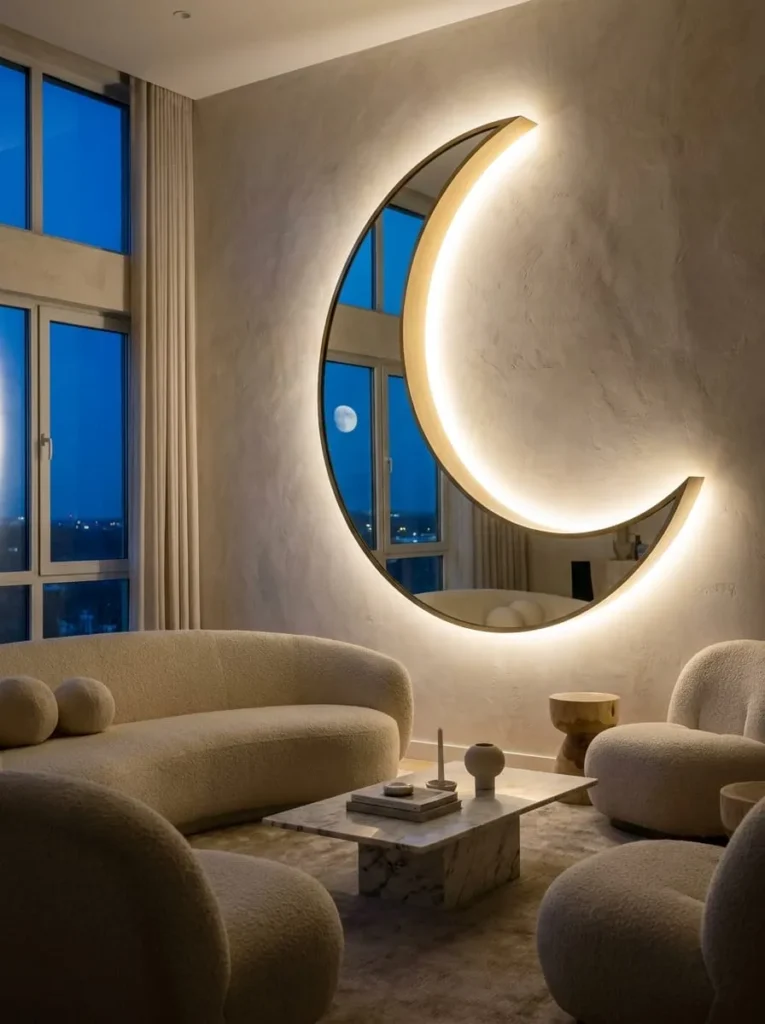 Moon Crescent Mirror with Golden Warm Lights