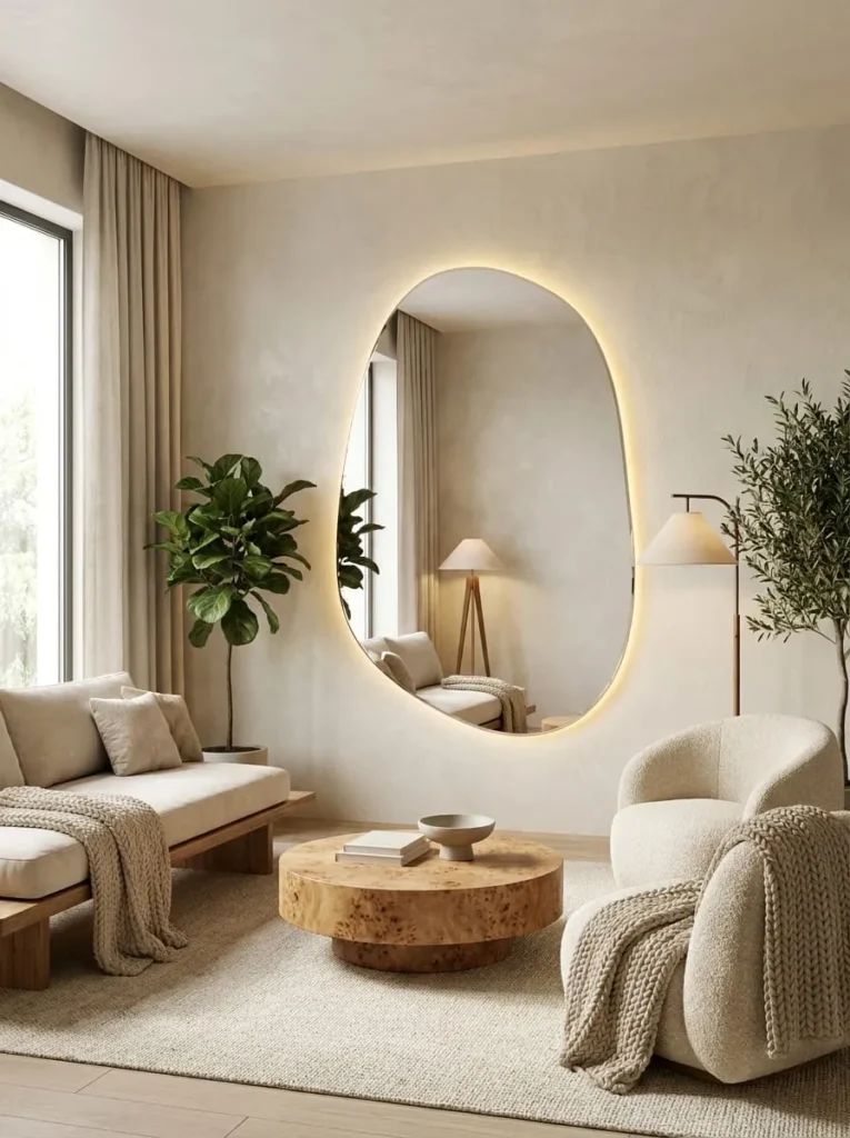Pebble Stone Inspired Mirror with Soft Wall Sconces