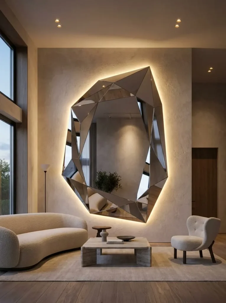 Asymmetrical Geometric Mirror with Spotlight Effects