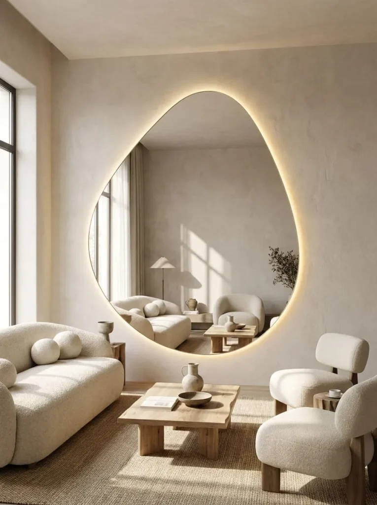 Droplet-Shaped Mirror with Minimalist Lighting