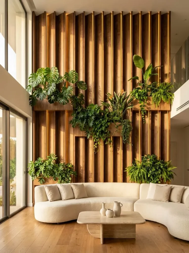 Modern Living Room Wood Slat + Planter Ideas