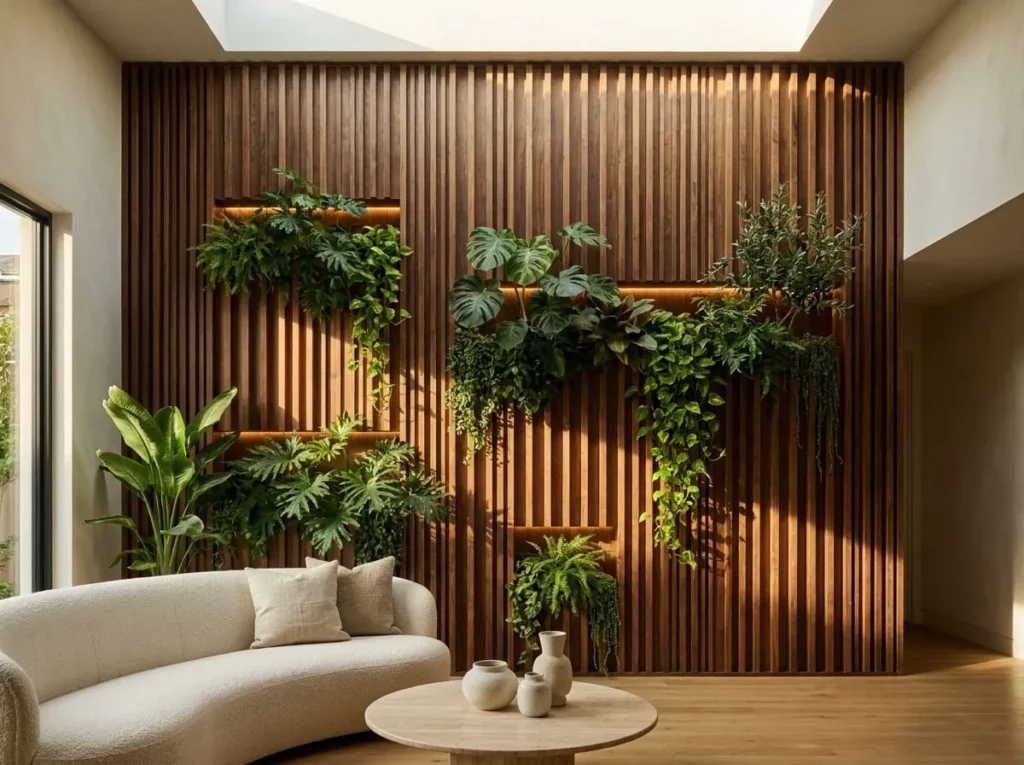 Wooden Slat Wall Decor with 08 Planter Ideas for a Modern Natural Home