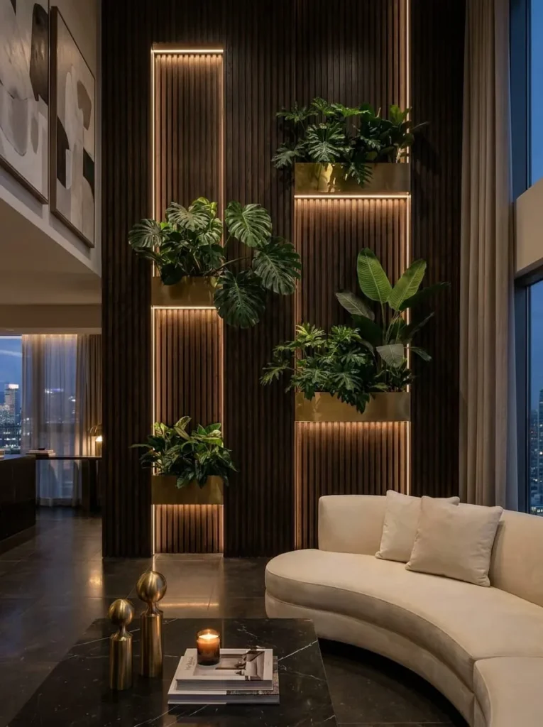 Luxury Wood Slat Accent Wall with Greenery