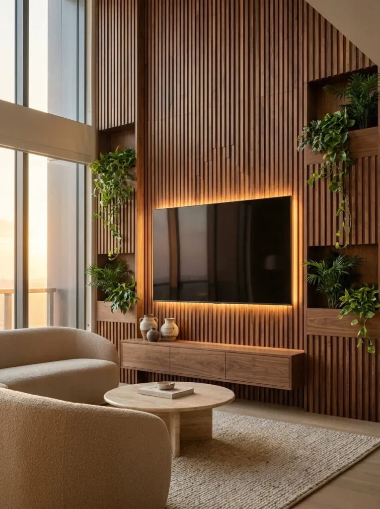 TV Wall Design with Wooden Slats and Planters