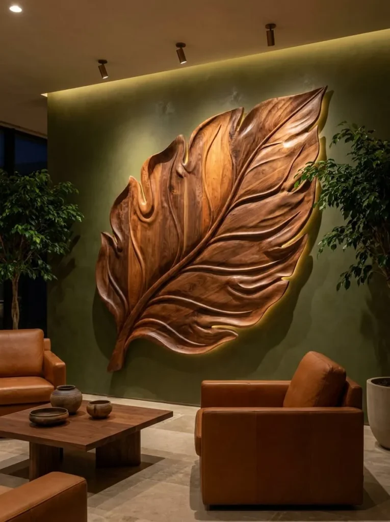 Hand-Carved Wooden Leaf Wall Art