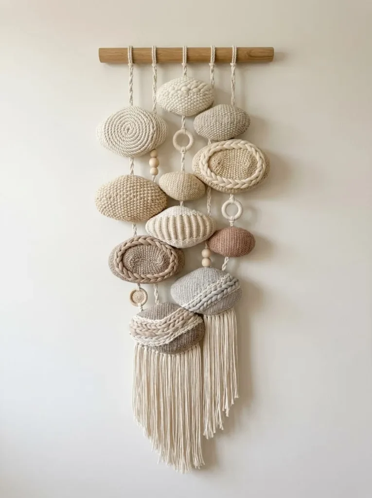 Hanging Pebble and Textile Composition