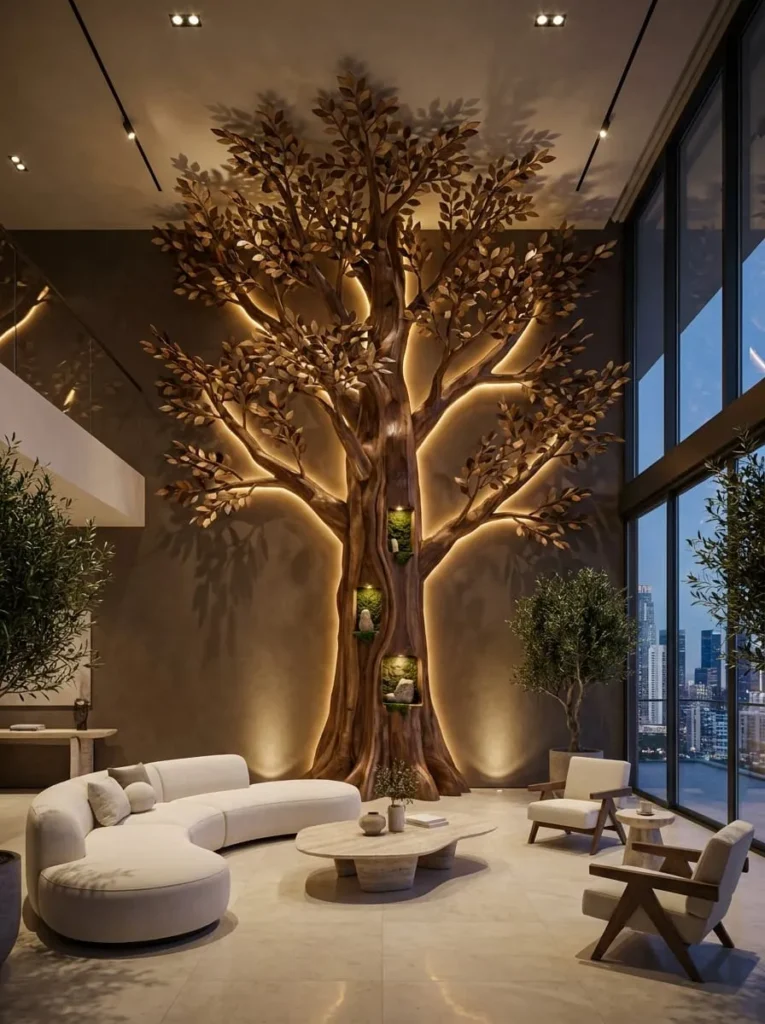 Floor-to-Ceiling Grand Wooden Tree Feature Wall