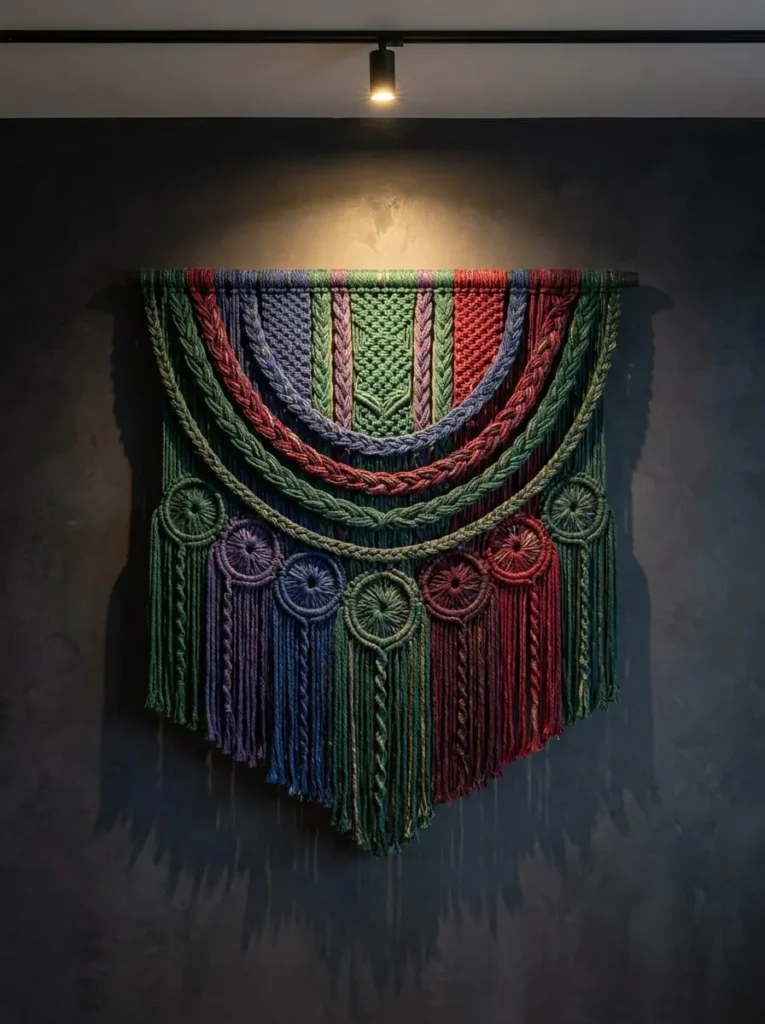  Jewel-Tone Macramé Fiber Wall Sculpture