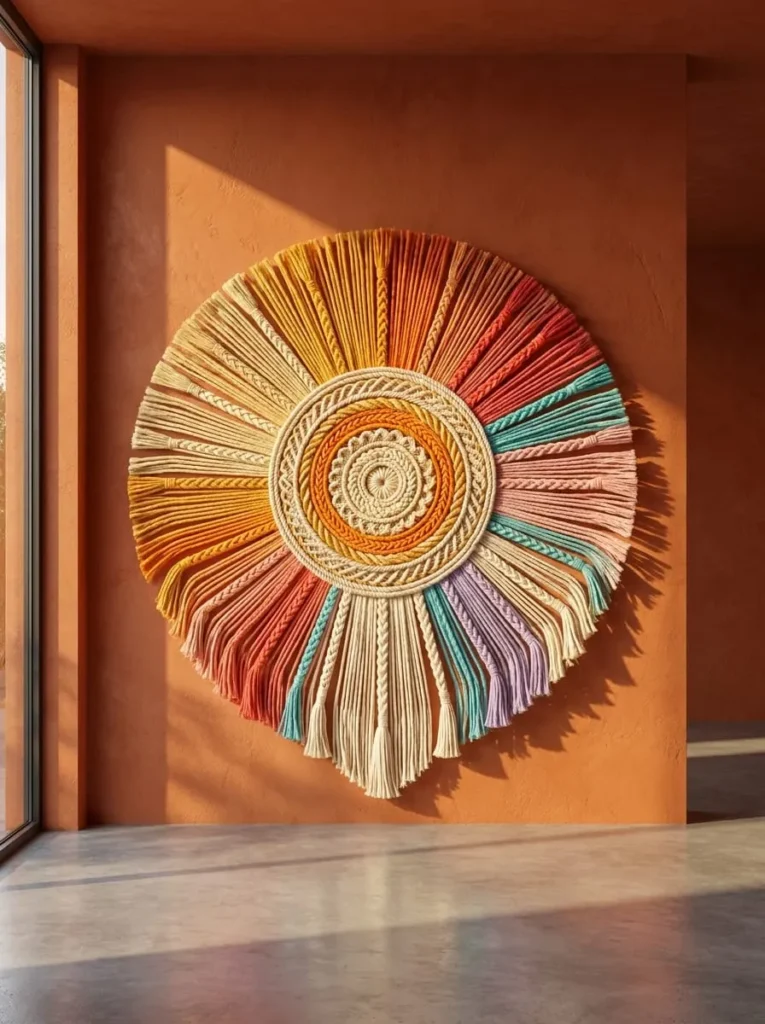 Colorful Sunburst Macramé Wall Sculpture