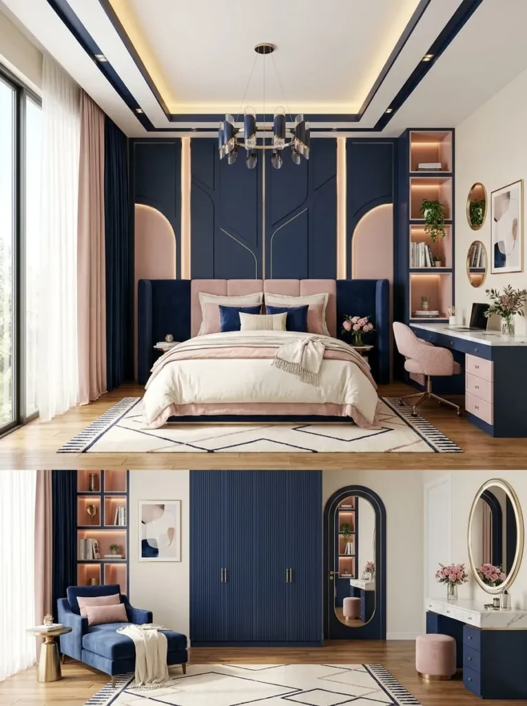 Pink and Navy Blue Elegant Bedroom