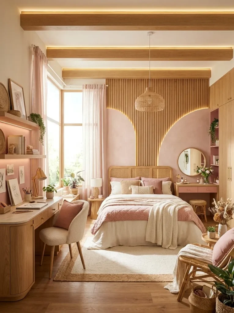 Pink and Natural Wood Boho Bedroom