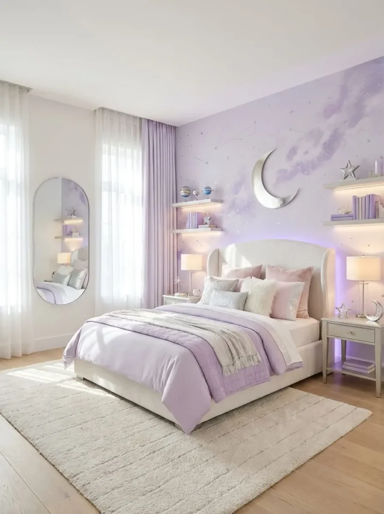 Elegant Purple and Silver Galaxy Bedroom