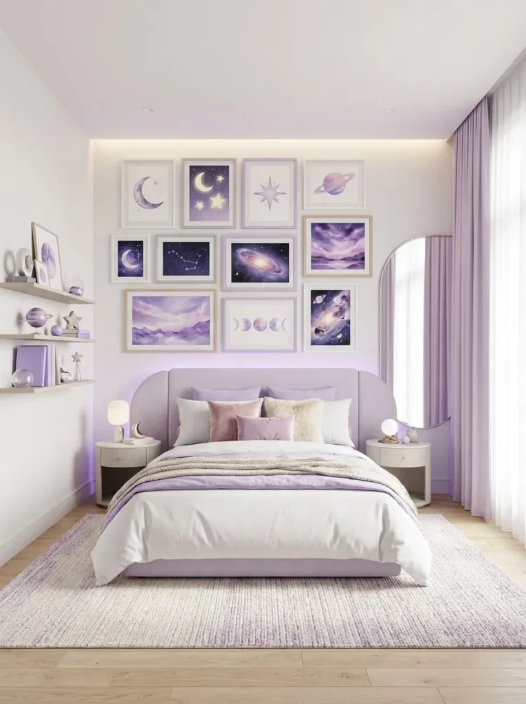 Purple Galaxy Bedroom with Creative Wall Art