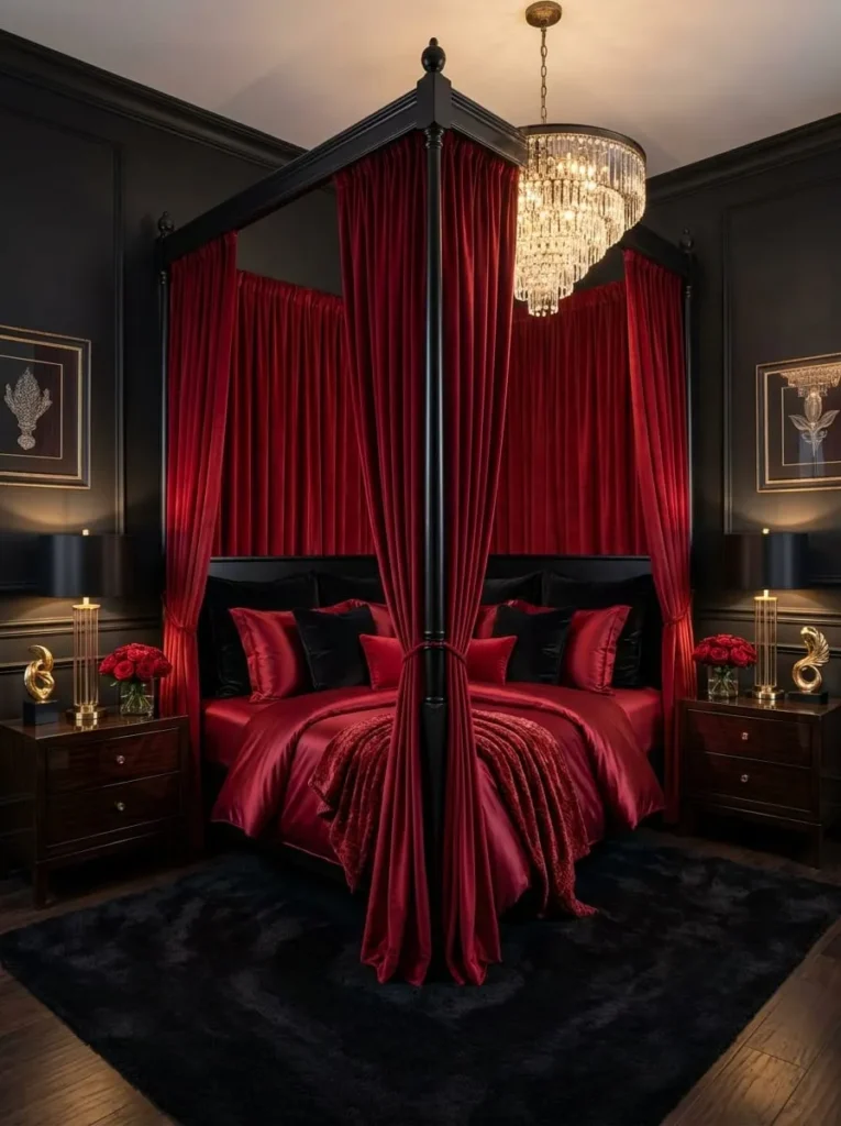 Luxurious Red Velvet Canopy Bed with Dramatic Black Walls