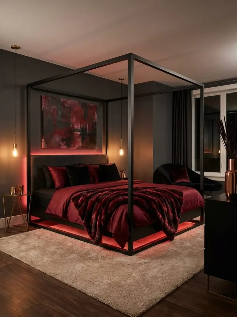 Modern Black Canopy Frame with Deep Red Bedding