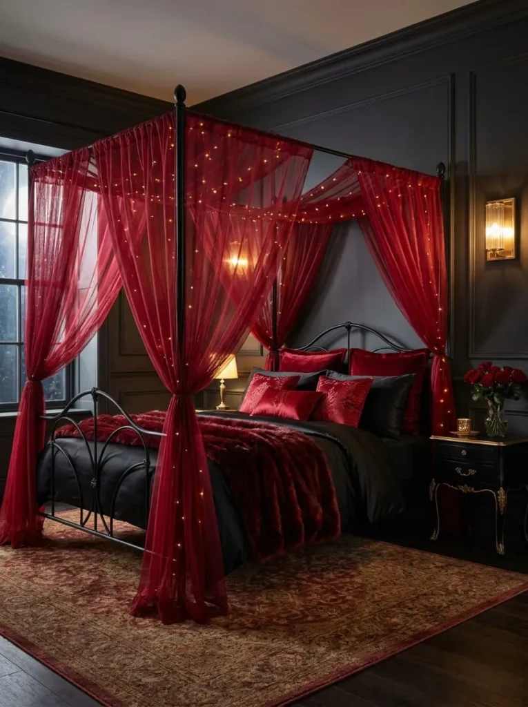 Romantic Sheer Red Canopy with Elegant Black Accents