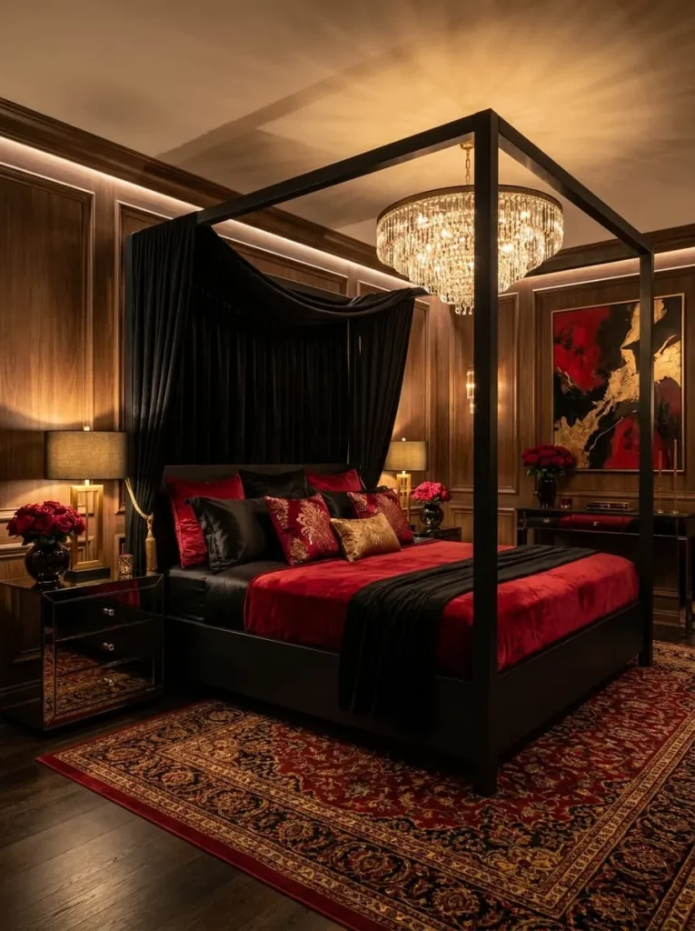 Glamorous Black Velvet and Ruby-Red Bedroom