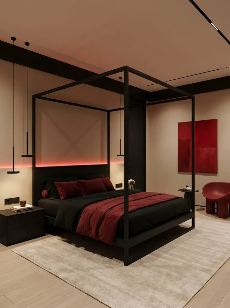 Modern Minimalist Black Canopy Bed with Bold Red Details