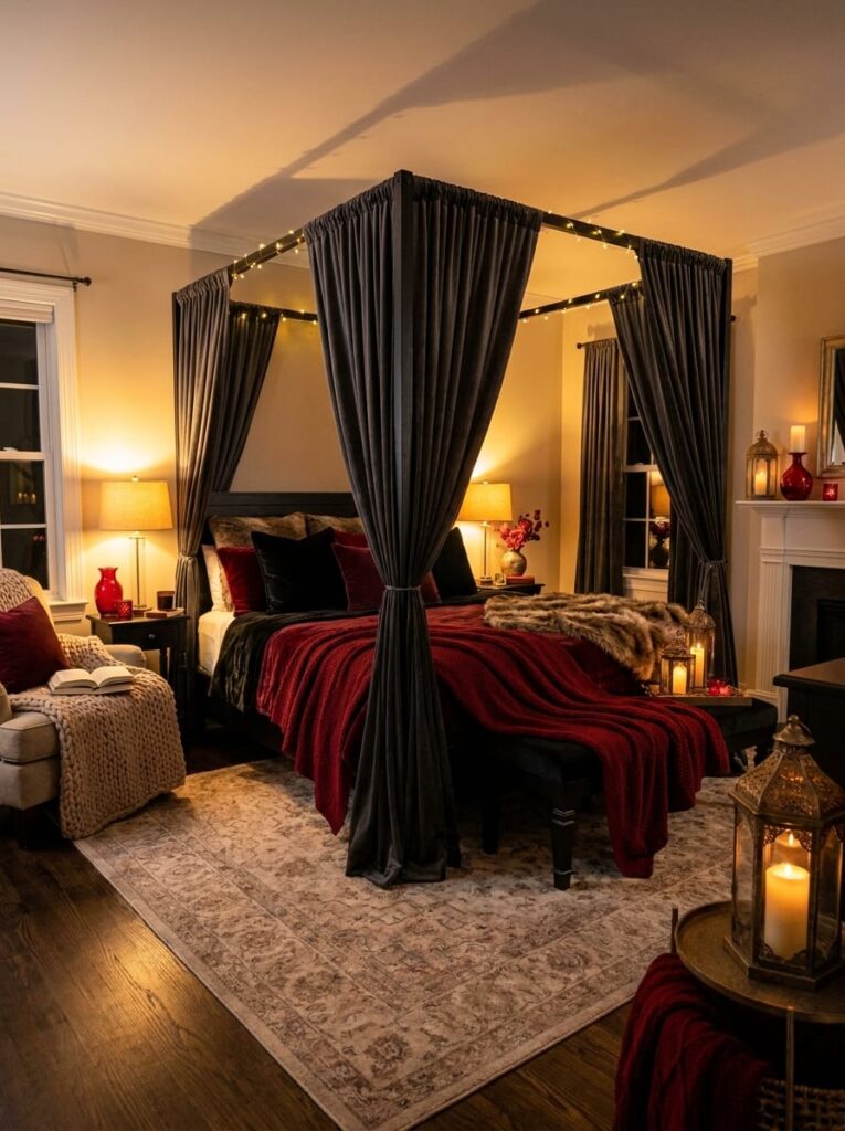  Cozy Dark Romantic Bedroom with Layered Textures