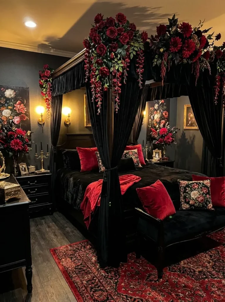 Black Canopy Bed with a Dramatic Red Floral Theme